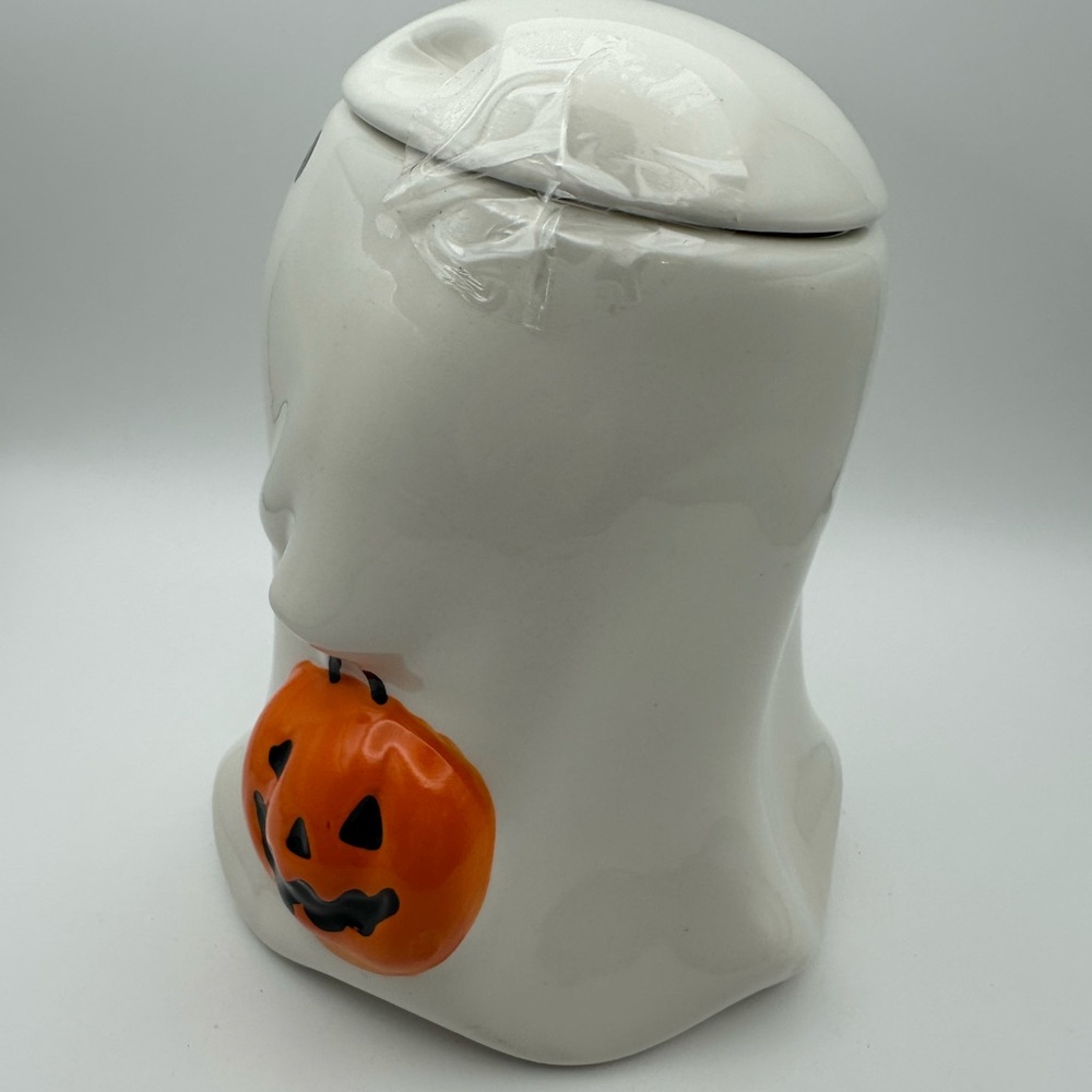 White Ghost Ceramic Jar with Orange Pumpkin Accent - Picture 5 of 9